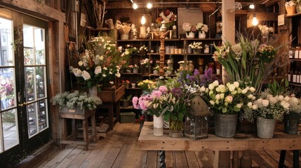 boutique flower store with a rustic charm, showcasing beautiful arrangements.