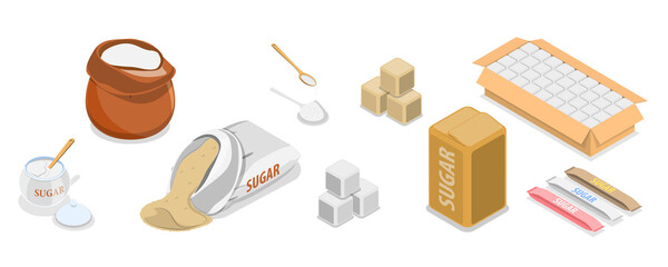 3D Isometric Flat  Set of Sugar Items, Granulated, Powder, Cubes