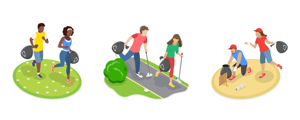 3D Isometric Flat  Illustration of Plogging Challenge, Volunteers at Eco Activity