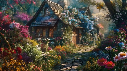 charming cottage garden overflowing with fragrant flowers, reminiscent of a fairytale scene.