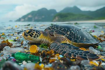 A photograph depicting a sea turtle swimming in an ocean filled with plastic waste. - Powered by Adobe