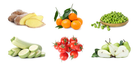 Foods for healthy digestion, collage. Ginger, tangerines, green peas, tomatoes, zucchinis and pears...