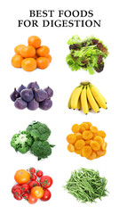 Foods for healthy digestion, collage. Tangerines, green beans, tomatoes, lettuce, figs, bananas,...