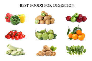 Foods for healthy digestion, collage. Tangerines, bell peppers, tomatoes, kiwis, apples, pears, zucchinis, walnuts and spinach on white background