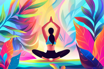 Woman Practicing Yoga in Colorful Background
