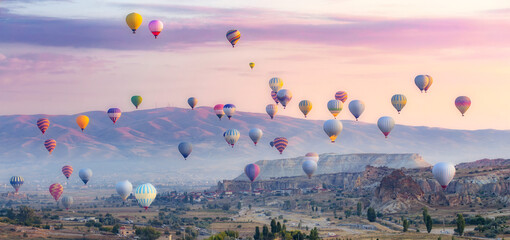 Beautiful landscape with colorful hot air balloons at sunrise, Cappadocia, Turkey