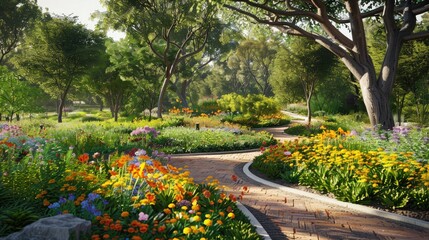 peaceful flower garden with winding paths, inviting visitors to stroll amidst nature's beauty.