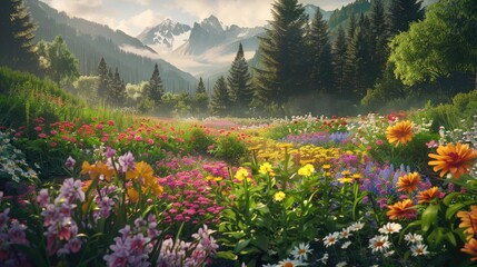 Obraz premium picturesque flower garden nestled against a backdrop of towering trees and rolling hills.