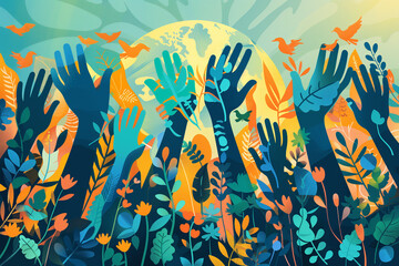 Naklejka premium Group of People Raising Hands to the Earth