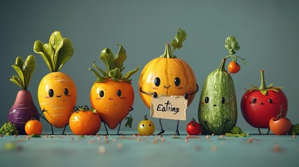 Joyful produce: cartoon characters, happy cute vegetables, and fruits holding a sign 'Eating Us.' A whimsical portrayal promoting the concept of proper nutrition and a healthy lifestyle.