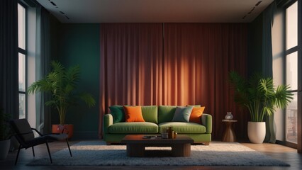 Luxury living room in warm colors with plants