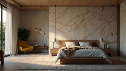 Richly stylized bedroom in beige colors