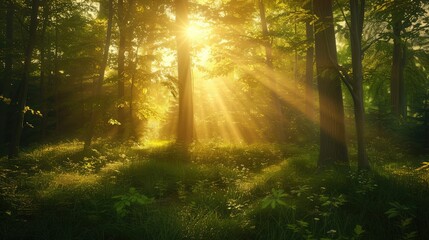 Fototapeta premium serene forest clearing bathed in golden sunlight, perfect for mindfulness retreats and nature-inspired designs.