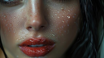 Close-up of a woman's face with dewy skin and glossy red lips