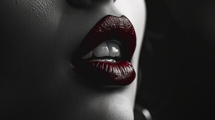 Obraz premium Striking close-up of red glossy lips in black and white contrast