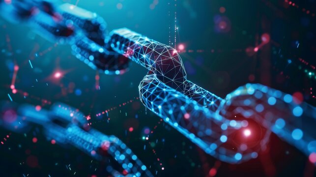 Digital blockchain network visualization on blue background