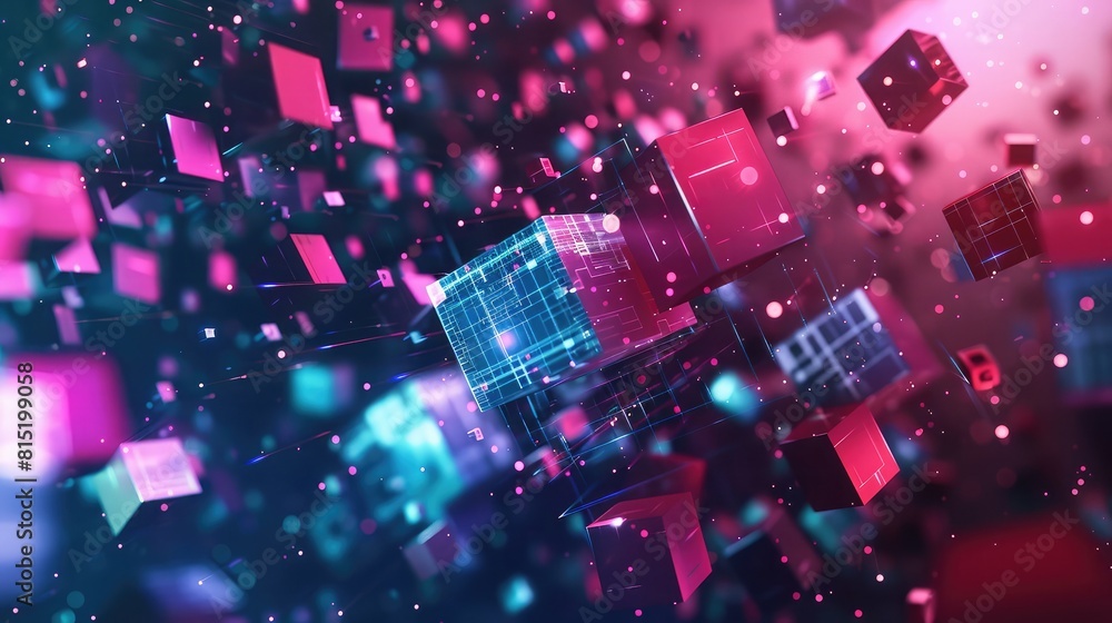 Poster abstract geometric shapes in digital space, great for blockchain technology presentations and crypto
