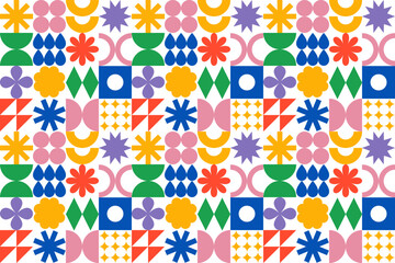 Colorful Summer Seamless Pattern with Irregular Funny Geometric Shapes. Abstract Vector Trendy Graphic in Cute Retro Style. Design with Simple Modern Patch Elements 