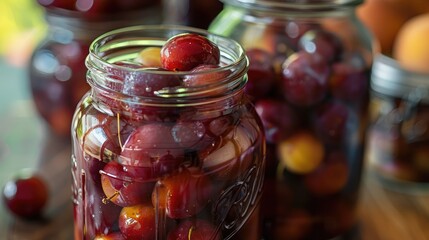 Close-up of a jar filled with pickled plums, showcasing the sweet and sour allure of preserved fruits.