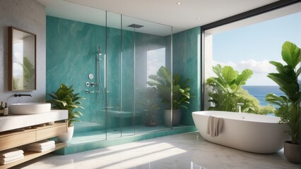 Fototapeta premium Luxury bathroom with a view of the plants