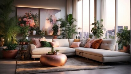 Obraz premium Luxury living room in warm colors with plants