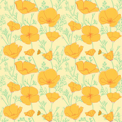 light yellow seamless pattern with orange Eschscholzia flowers. California poppy - vector decorative background