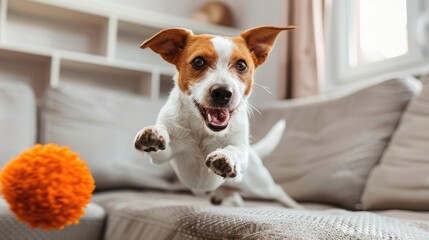 Jack Russell Terrier dog jumps for a ball from the couch