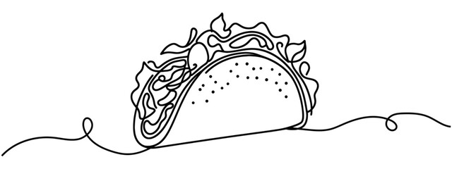 Continuous single drawn one line taco hand-drawn picture silhouette. One line drawing of Taco junk food. Line art. Mexican food tacos.