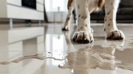 The dog's paws are on the wet floor. There is a puddle of water on the floor of the house, which was spilled by a dog