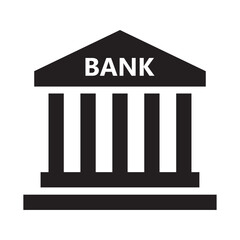 Bank building icon symbol, black bank sign flat style isolated on white background, vector illustration EPS 10. Online banking, finance, bank transaction, bank service. Business and financial concept.