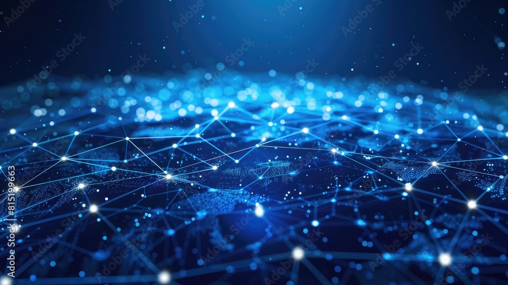 Poster global communication network concept with interconnected nodes and data transfer pathways.