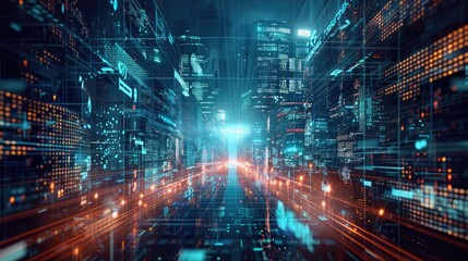 Obraz premium Futuristic cityscape with holographic displays, ideal for sci-fi gaming concepts and tech-forward