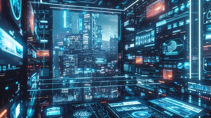 Fototapeta premium Futuristic cityscape with holographic displays, ideal for sci-fi gaming concepts and tech-forward