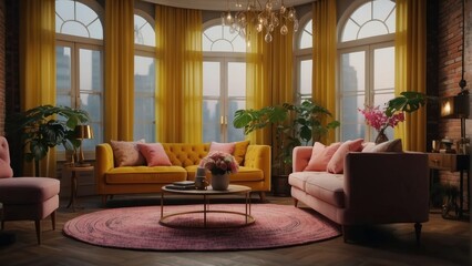 Cozy living room with yellow accents