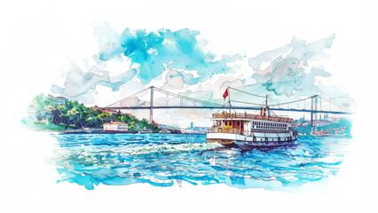 Watercolor sketch of Istanbul Bosphorus