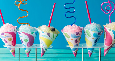 A narrow view of a various snow cones with crazy straws.