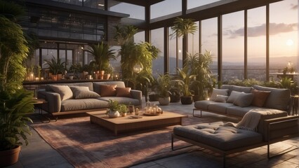 Luxury living room in an apartment building, evening