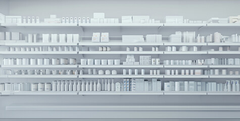 A stylized infinite white retail shelf featuring a range of products including boxes, cans, bottles, cleaners, cosmetics and other consumer products. Generic tonal image,  store shelf merchandise 