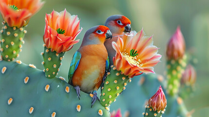 A pair of lovebirds perched on a blooming cactus flower, their delicate beaks sipping nectar amidst the vibrant petals.
