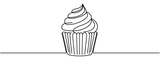 Muffin cake one single line drawing for logo. Sweet cupcake with cherry, delicious pastry online shop icon restaurant badge concept. Modern hand draw vector illustration.