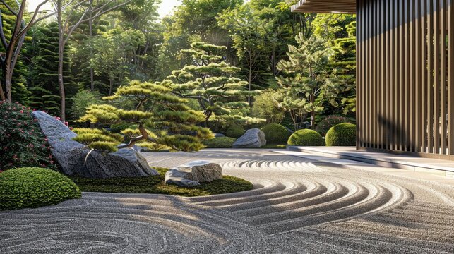 Tranquil Zen garden with raked gravel and bonsai trees, perfect for mindfulness practices and Japanese-inspired designs.