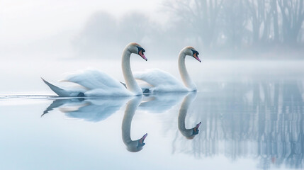 A pair of swans gliding gracefully across a calm lake, their white feathers reflecting the soft morning light.