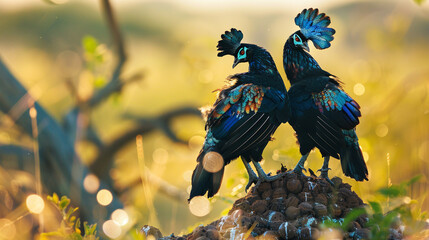 A pair of Vulturine Guineafowl with iridescent blue wattles perched on a termite mound in the...