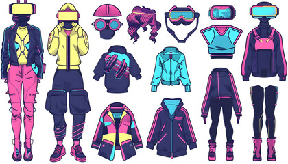 Clipart of futuristic cyberpunk fashion featuring tech enhanced clothing neon accessories and aug Generative AI