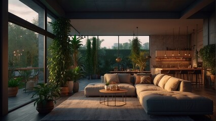 Luxury living room in an apartment building, evening