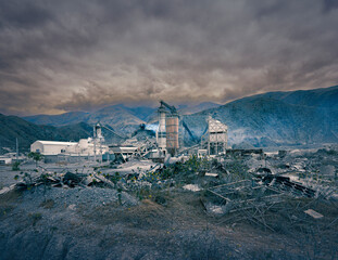 apocalyptic landscape of a factory that pollutes the environment