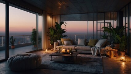 Luxury living room in an apartment building, evening