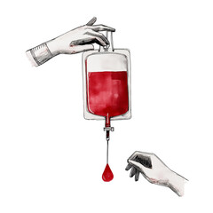 Ręce trzymające worek z czerwonym płynem. Krew od honorowego dawcy krwi