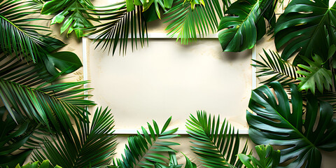 Naklejka premium White frame in sand and surrounded by palm leaves