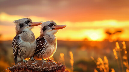 Two Kookaburras with their distinctive laughing calls perched on a termite mound in the Australian outback, the setting sun casting a warm glow on the landscape.